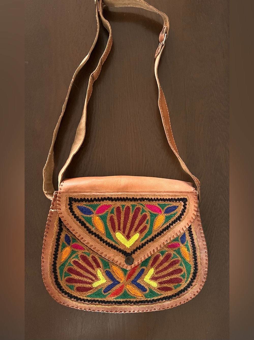Vintage Hand Tooled Leather Purse colorful floral Boho Hippie Folk Bag 1970s